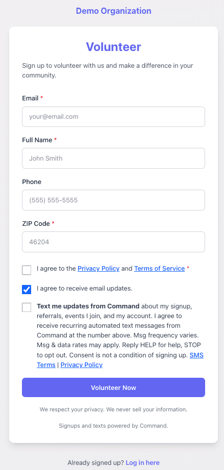 Volunteer signup form with the text message opt-in checkbox unchecked