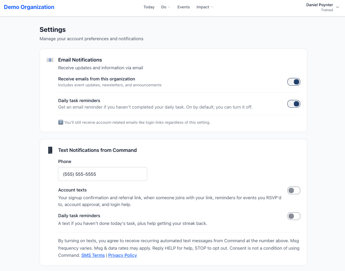 Account settings showing text notifications off until they are turned on